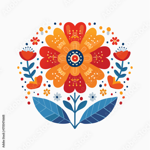 Vibrant Pixel Art Floral Design With Orange Red and Blue on White Background