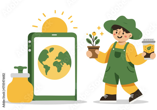 A cheerful farmer holds plants near a tablet displaying a globe. Illustrative, bright, and eco-friendly. Perfect for sustainability campaigns.