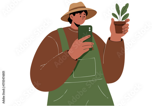A gardener uses a smartphone to photograph a potted plant. He wears a hat and overalls, showcasing a modern, tech-savvy approach to gardening. Clean, bright illustration.