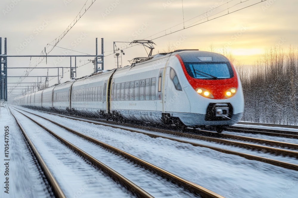Naklejka premium High Speed Train Journey Through Snowy Winter Landscape, A Scene of Modern Transportation