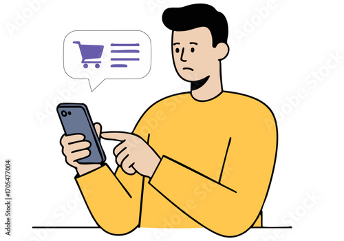 A man looks concerned while reviewing a shopping cart icon on his smartphone. Illustrative style, conveying frustration with online payment issues. Modern, flat design.