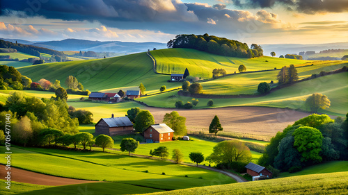 Stunning Sunset over Rolling Hills and Farmland