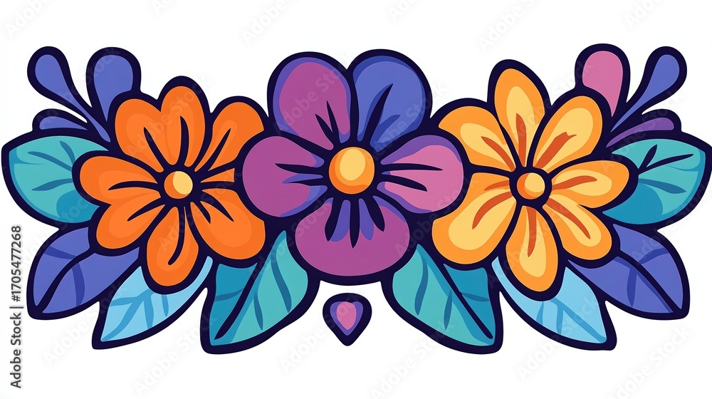 Fototapeta premium Vibrant floral illustration featuring orange, purple, and yellow flowers surrounded by lush leaves, ideal for invitations, greeting cards, or wall art designs that celebrate nature and color,