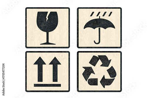 Set of four common shipping and handling symbols for fragile, keep dry, this way up, and recycle packaging