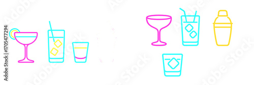 Stylized neon outline collection of cocktail glasses, shot glass, and bar shaker, featuring vibrant colors for beverages and nightlife