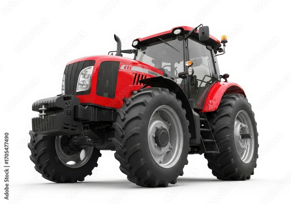 Obraz premium Photo of red tractor isolated on white background, powerful agricultural machinery for farming and fieldwork