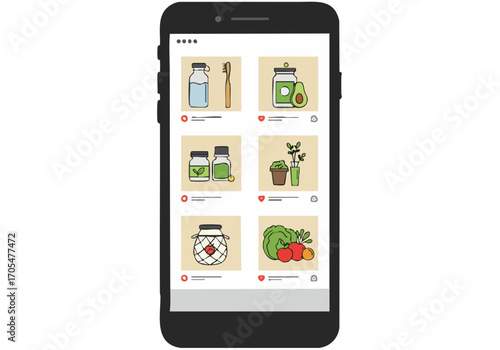 Smartphone displays an eco-friendly shopping app showcasing sustainable food items. Clean, modern design with flat icons. Ideal for digital marketing and environmental themes.