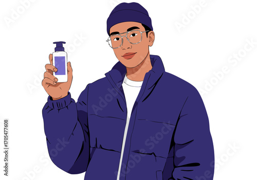 A stylish young man holds a skincare product, showcasing a modern aesthetic. Clean composition, vibrant colors, and a professional vibe ideal for beauty and lifestyle campaigns.