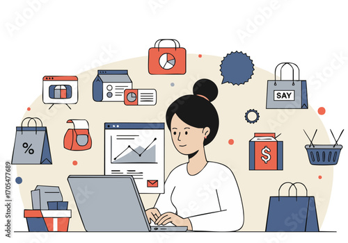 A stylish young professional analyzes marketing promotions on a laptop, surrounded by shopping icons and data charts. Modern, bright, and focused.