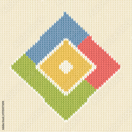 Knitted Geometric Diamond Pattern in Green Blue and Red on Beige Background