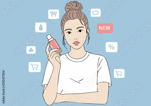 A stylish young woman holds a skincare bottle, examining it on her phone with notifications. Modern, bright, and inviting, perfect for beauty and e-commerce visuals.