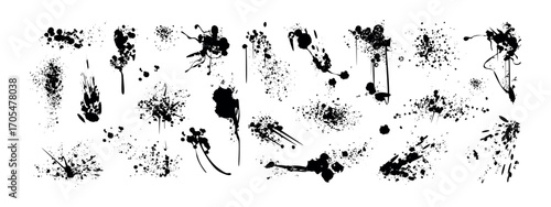 Spray paint inky splatters, drips or blots. Black graffiti speckles, spatter or inkblot spots with grunge effect. Paintbrush splotch, drops, liquid blobs. Set of dirty splash stain in street art style