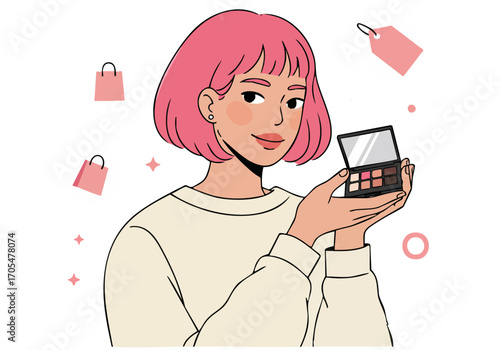 A stylish young woman tests makeup, holding a palette with a shopping bag icon. Bright, cheerful illustration for beauty and retail concepts.