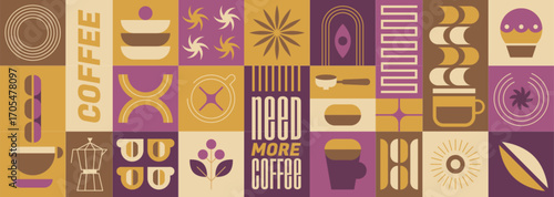 Abstract geometric food pattern with coffee beans and pot, drink cup, leaf plant, bakery and bauhaus elements. Vector minimalist seamless background, design template for cafe cover, menu, food package