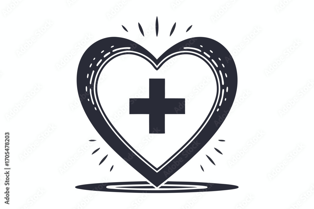 Fototapeta premium Black Heart with Plus Sign, Illustration, Simple Design, on White Background