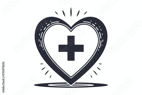Black Heart with Plus Sign, Illustration, Simple Design, on White Background