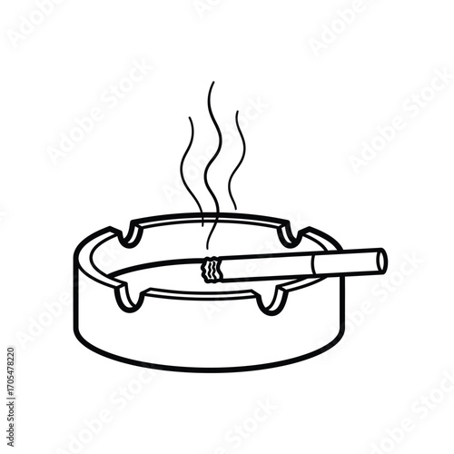 Line Art Illustration of a Smoking Cigarette in an Ashtray with Smoke Wisps Keywords: cigarette, ashtray, smoking, smoke, tobacco, addiction, habit, danger, health, nicotine