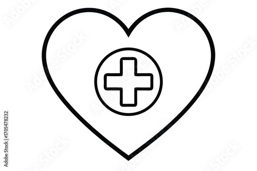 Black Heart Outline with Medical Cross Design on White Background