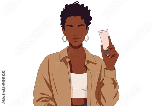 A stylish Black woman holds a skincare tube, presenting a product. She exudes confidence with a subtle smile. Clean, modern illustration style.
