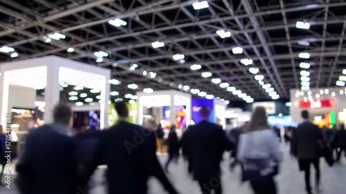 Blurred motion of people walking through a modern trade show or exhibition hall,