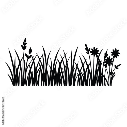 A black vector silhouette of tall grass and wild plants in a natural border style,