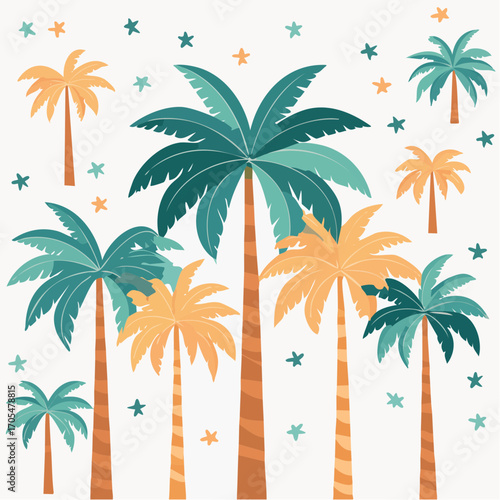 Tropical Palm Trees with Teal and Orange Colors on White Background