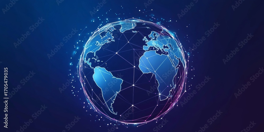 Fototapeta premium Digital globe illustration showcasing continents and networks connecting different global regions.