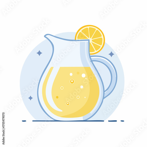 Glass Pitcher Of Lemonade With Lemon Slice On Blue