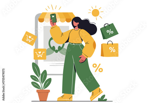 A stylish woman browses online shopping deals through her phone, showcasing a modern retail experience. Bright, cheerful, and inviting.