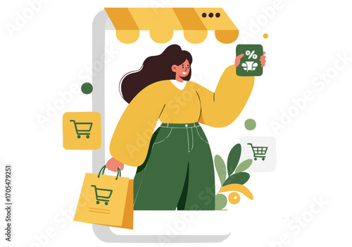 stylish woman holds a phone displaying a 'Green Influencer Buy' offer Shopping bags and a cart are visible creating a vibrant modern e-commerce illustration Bright cheerful and perfect for marketing