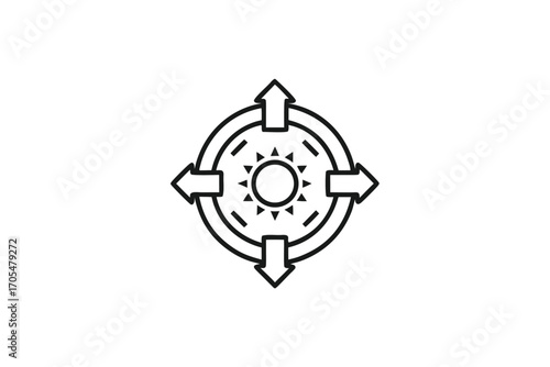 Black outline arrow sun icon radiating in four directions
