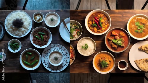 Overhead view of an abundant Indian and South Asian food spread on a rustic wooden table, featuring various curries, rice, and naan.