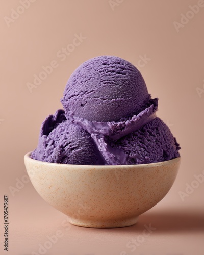 Ube Ice Cream Scoops in Speckled Bowl on Pink Background, Delicious Dessert