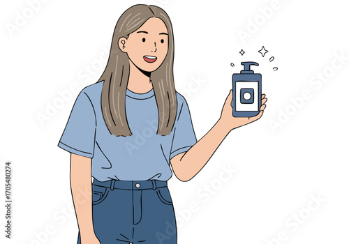  woman holds a hand sanitizer bottle showcasing a fresh modern aesthetic Bright yellow background highlights her casual style and positive expression Ideal for lifestyle and beauty content