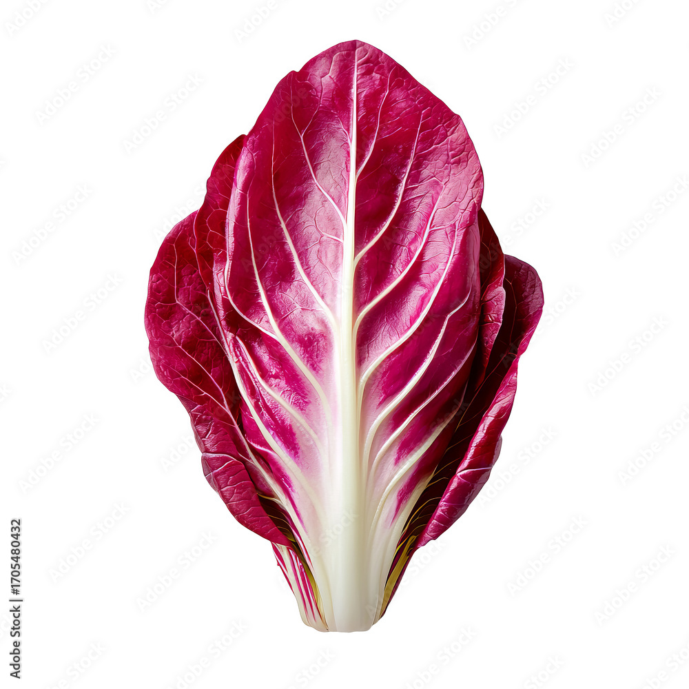 Obraz premium Fresh radicchio leaf with vibrant magenta color and crisp white ribs, moody lighting evokes appetite and texture