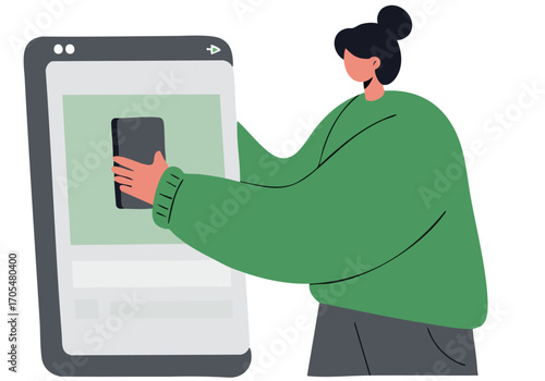 A woman interacts with a smartphone on a tablet screen, showcasing a modern digital connection. Soft colors and a clean design create a visually appealing scene.