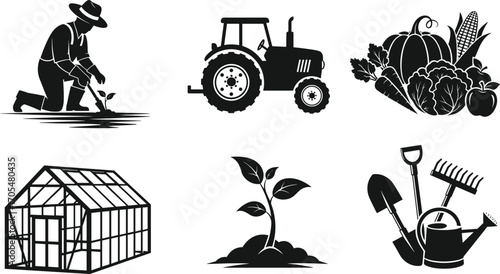 Agriculture icons, gardening silhouettes, planting seedling, tractor vector, vegetable harvest, greenhouse design, young plant, gardening tools, farming concept, rural work, cultivation equipment