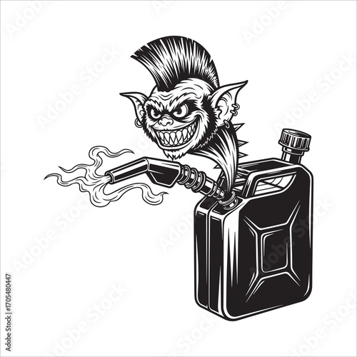 Vector art of cartoon gremlin with a mohawk holding a gas pump