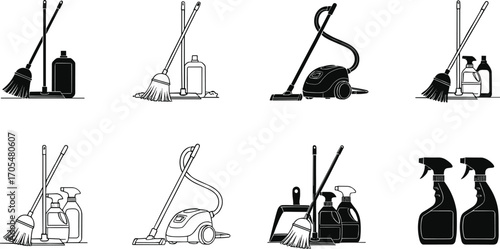 Cleaning supplies icons, housekeeping tools, broom and dustpan, mop and bucket, vacuum cleaner, spray bottles, sanitation equipment, hygiene products, home cleaning, janitorial design