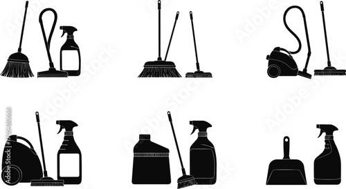 Cleaning tools icons, housekeeping equipment silhouettes, broom, dustpan, spray bottle, vacuum cleaner, sanitation design, hygiene products, home cleaning, janitorial vector