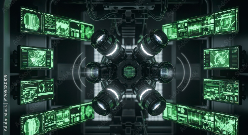 Fototapeta premium Surveillance System: Futuristic Lenses and Green Screens