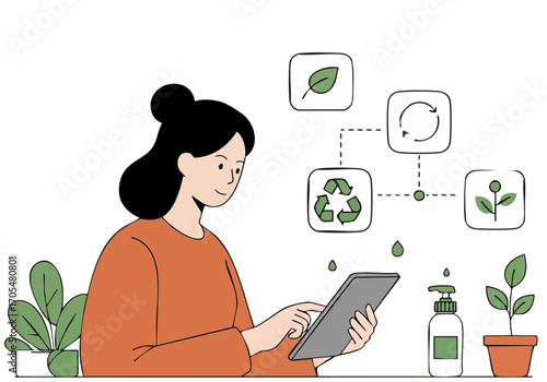 A woman uses a tablet, surrounded by eco-friendly icons and plants, promoting sustainable media. Modern, clean illustration style.