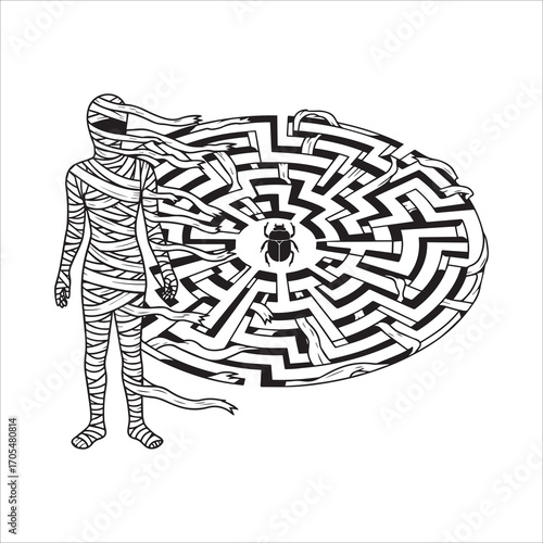 Vector art of mummy next to a maze with a scarab