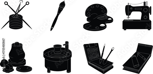 Arts and crafts icons, sewing tools, painting palette, pottery wheel, sketchbook, colored pencils, crochet hook, creative design, handmade work, artistic equipment