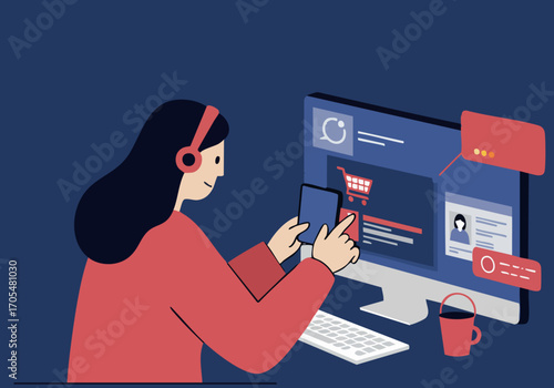 A woman uses a tablet to shop online, showcasing a nighttime e-commerce experience. Modern design, bright screen, and a cozy setting. Perfect for digital marketing visuals.