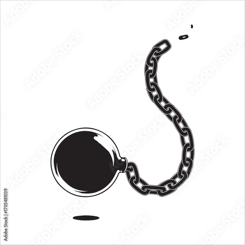 Vector art of black and white illustration of a ball and chain