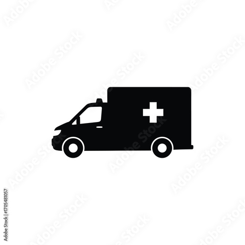 Silhouette of an ambulance car with a cross on the side, symbol of emergency medical services and transportation