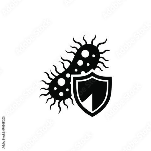 Silhouette of a virus cell with a shield, symbol of protection, immunity, and antivirus defense