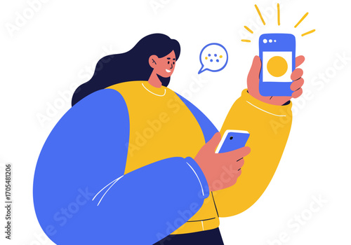 A smiling woman uses her smartphone to share an active style. She holds the device with a focused expression, suggesting connection and engagement. Modern illustration style.