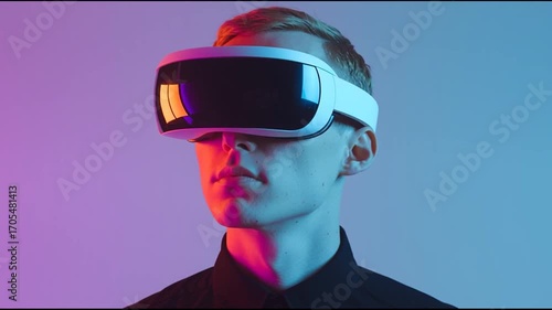Video of a man wearing a virtual reality headset on stylish background